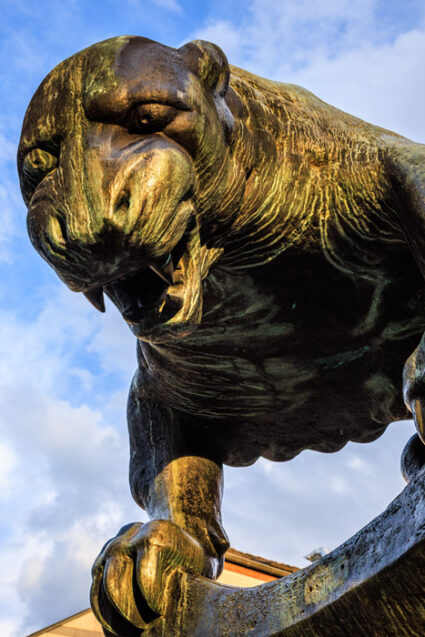 Bronzestatue des Bahkauv, der Aachener Fabelkreatur, Nahaufnahme des Kopfes vor blauem Himmel.