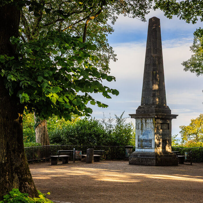 Der Tranchot-Obelisk auf dem Gipfelplateau des Lousbergs, umgeben von Bäumen und Ruhebänken