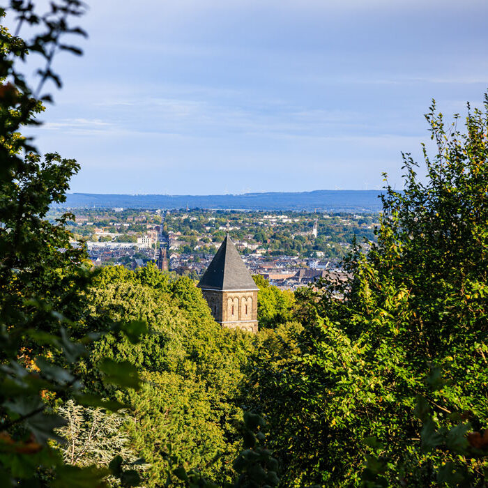 Blick durch Bäume vom Lousberg auf einen Kirchturm und die Dächer der Aachener Innenstadt
