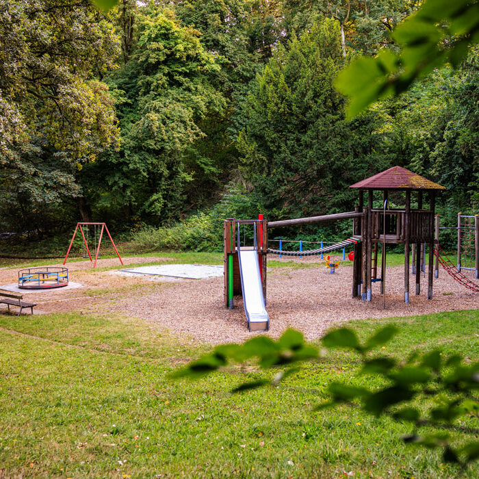 Spielplatz Buchenallee in Aachen mit Rutsche, Klettergerüst, Schaukel und Karussell, umgeben von dichtem Baumbestand