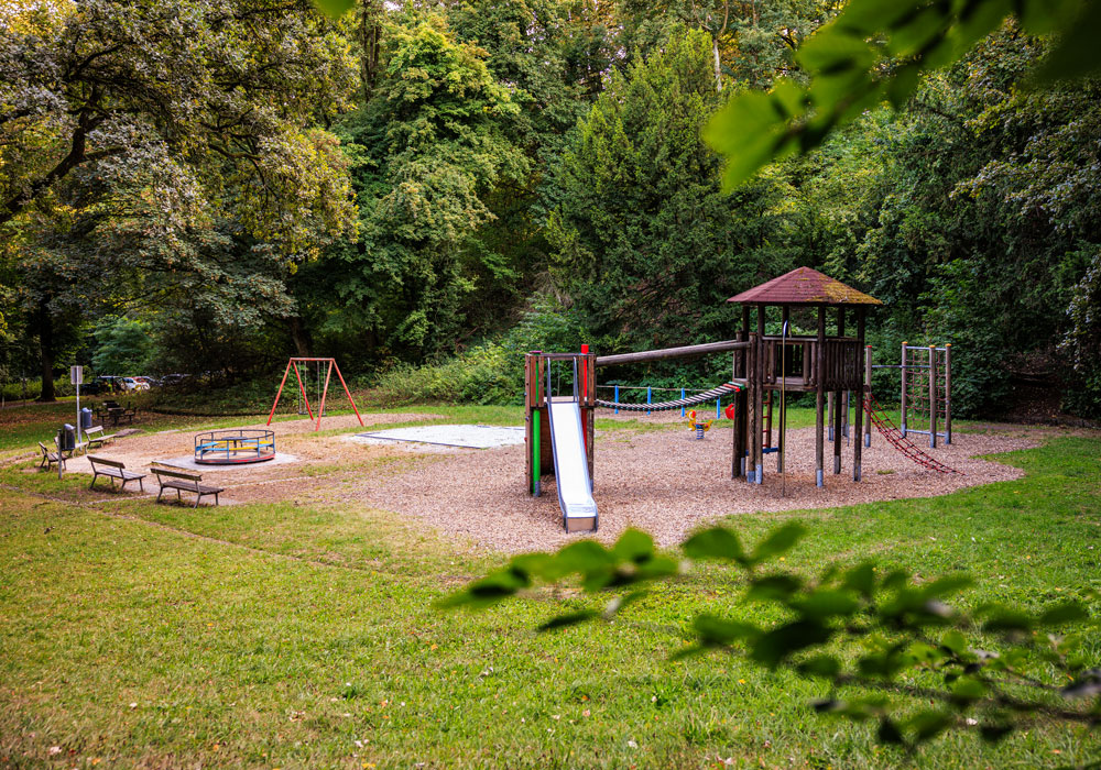 Spielplatz Buchenallee in Aachen mit Rutsche, Klettergerüst, Schaukel und Karussell, umgeben von dichtem Baumbestand
