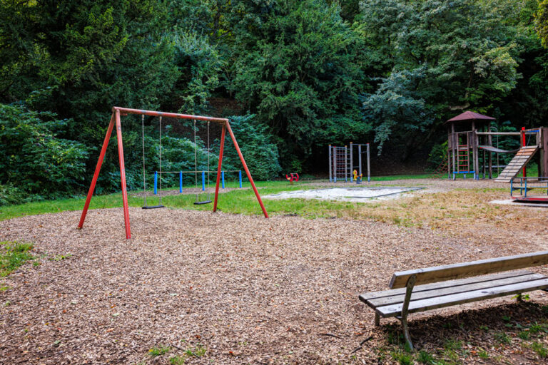 Spielplatz Buchenallee mit roter Doppelschaukel im Vordergrund, Klettergerüst und Spielturm im Hintergrund, umgeben von dichtem Wald