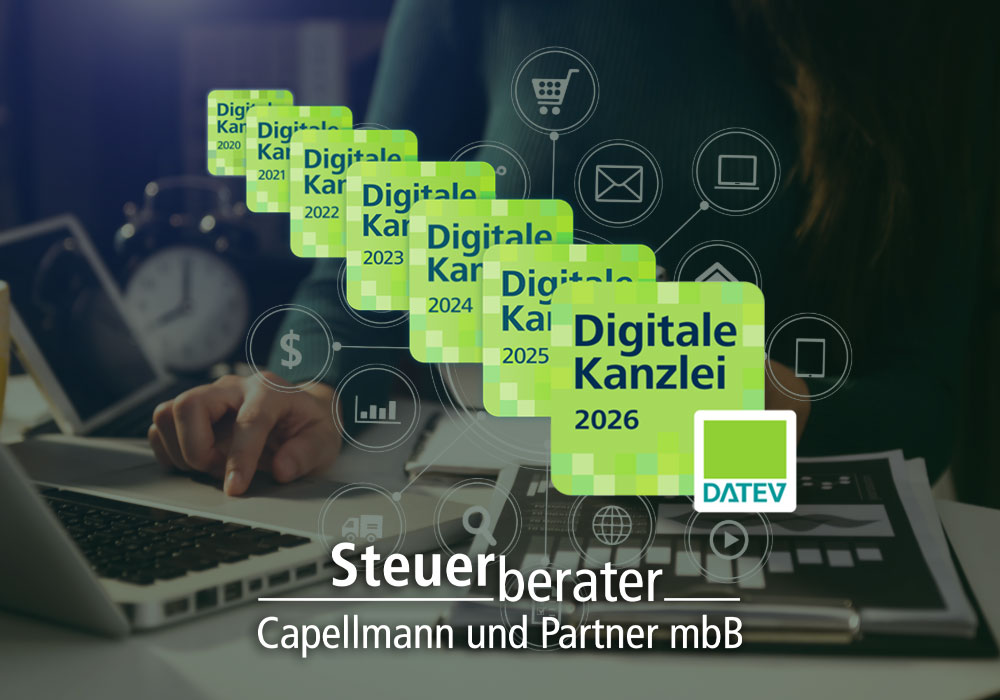 Digitale Kanzlei 2026 – Capellmann und Partner Werbegrafik der Steuerkanzlei Capellmann und Partner mbB mit DATEV-Siegel „Digitale Kanzlei 2026" und Laptop-Symbolbild