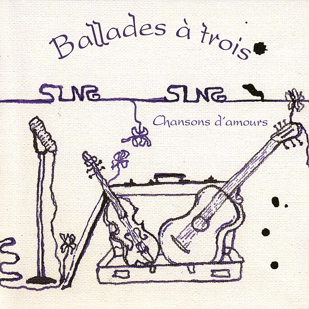 Handgezeichnetes Cover „Ballades à trois – Chansons d'amours" mit Illustrationen von Mikrofon, Geige und Gitarre im Skizzenstil